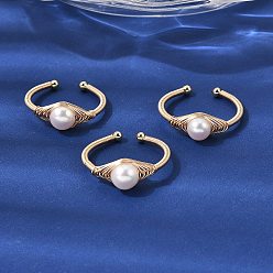 Золотой Латунные манжеты открытые кольца для женщин, круглые, с натуральной жемчужиной, стойки покрытие, долговечный, золотые, внутренний диаметр: 20.5 мм