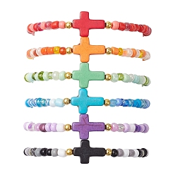 (52) Непрозрачная лаванда 6шт. синтетические бирюзовые браслеты с бусинами, со стеклянными бисеринами, крестик, разноцветные, внутренний диаметр: 2-1/4 дюйм (5.7 см)