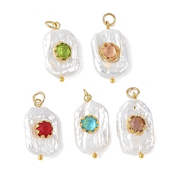 Mixed Color Natural Baroque Keshi Pearl & Glass Pendants, with 304 Stainless Steel Open Jump Rings, Rectangle with Flat Round Pattern Charms, Golden, Mixed Color, 22.5~23.5x12.5~13x6~7mm, Hole: 3.5mm