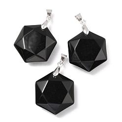Natural Agate Faceted Natural Black Agate Pendants, with Platinum Tone Brass Findings, Hexagon, 28x25x9mm, Hole: 4x5mm