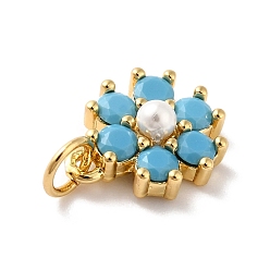 Deep Sky Blue Rack Plating Brass Micro Pave Cubic Zirconia Charms, with Pearl, Cadmium Free & Lead Free, Real 18K Gold Plated, Flower, Deep Sky Blue, 12.5x10.5x4mm, Hole: 3.6mm