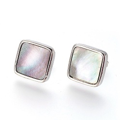 Platinum Brass Stud Earrings, with Shell and Ear Nuts, Square, Platinum, 12x12x2.5mm, Pin: 1.1mm