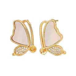 Настоящее золото 18K Фурнитура для серег-гвоздиков из латунных ракушек с микропаве из кубического циркония, за половину пробурено бисера, с уха орехов, бабочка, без кадмия и без свинца, стойки покрытие, долговечный, реальный 18 k позолоченный, 19x13.5 мм, штифты : 0.9x12 мм