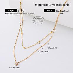 Flat Round 304 Stainless Steel Crystal Rhinestone Pendant Double Layer Necklaces for Women, Golden, Flat Round, 15.75 inch(40cm)