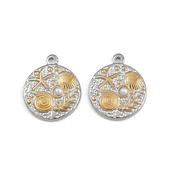 Позолоченный и Цвет Нержавейки 304 подвески из нержавеющей стали, плоский круг в форме ракушки и морской звезды, с абс пластмассовыми жемчужными бисером, ионное покрытие (ip), настоящее золото и нержавеющая сталь, 24x20x4 мм, отверстие : 1.6 мм