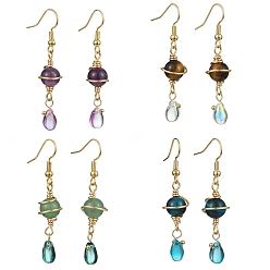 Mixed Stone 4 Pairs 4 Style Nature Mixed Gemstone Round Dangle Earrings, Light Gold Alloy Wire Wrap Long Drop Earrings, 50~50.5x9.5~10.5mm, 1 Pair/style