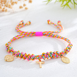 Оранжевый Латунь шарм браслеты, Браслеты из плетеного хлопкового шнура для женщин, овальный с изображением католической Богоматери и косы и плоский круглый, оранжевые, 11.02 дюйм (28 см)