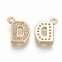 Letter D Brass Cubic Zirconia Charms, Letter, Clear, Real 18K Gold Plated, Letter.D, 9.5x8x1.5mm, Hole: 1mm