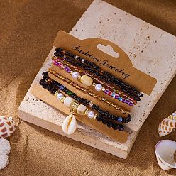 Черный Богемные браслеты из смолы, сплавов, стекла, ракушек и пластиковых жемчужин, выполненные из эластичных материалов., Браслеты с подвесками в форме ракушек для женщин, с бумажной карточкой, чёрные, внутренний диаметр: 2.01~2.09 дюйм (5.1~5.3 см), о 7 шт / комплект