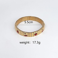 Золотой 304 эластичные браслеты из нержавеющей стали с эмалью для женщин, вишня и клубника, золотые, внутренний диаметр: 2-1/8 дюйм (5.5 см)