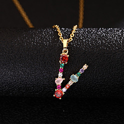 Letter V Ожерелья с подвесками-инициалами из латуни и разноцветными кубическими цирконами для женщин, золотые, Буква V, 19.69 дюйм (50 см)