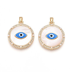 Настоящее золото 18K Латунные микро проложить кубического циркония подвески, без кадмия, без никеля и без свинца, плоские круглые с сглаза, с ракушкой, эмалью и искусственным жемчугом из АБС-пластика, реальный 18 k позолоченный, 25x22x4 мм, отверстие : 5x2 мм