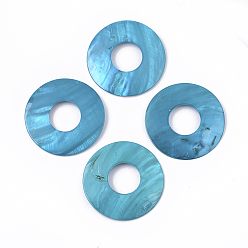 Deep Sky Blue Spray Painted Freshwater Shell Pendants, Donut, Deep Sky Blue, 60x3mm, Hole: 23.5mm