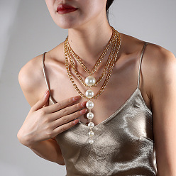 Rondo Collar babero de cadena de aleación con cuentas de imitación de perlas de plástico blanco para mujer, dorado, rondo, 14.57 pulgada (37 cm)