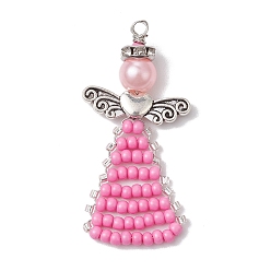 Pink Подвески из бисера, с антикварной серебряной фурнитурой из латуни, угол, розовые, 49x23.5x8.5 мм, отверстие : 2 мм