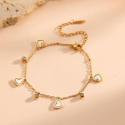 Cœur 304 Bracelets multi-breloques en acier inoxydable et coquillage blanc naturel pour femmes, avec de la zircone cubique clair, or, cœur, 6.30 pouce (16 cm)