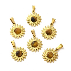 Тигровый глаз Ограненные солнцезащитные подвески из натурального тигрового глаза, золотистый тон 304 подвески из нержавеющей стали, 18x15.5x4.5 мм, отверстие : 6x3 мм