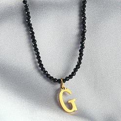 Letter G 304 подвеска из нержавеющей стали с инициалом, ожерелья из граненых круглых бусин черного стекла для женщин, золотые, Буква G, 15.35 дюйм (39 см)