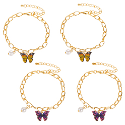 Color mezclado 4 piezas 2 pulseras de aleación con dijes de mariposa de colores, Pulseras de cadena con clip de hierro dorado para mujer, color mezclado, 7-1/8 pulgada (18 cm), 2 piezas / color