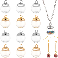 Clear 60Pcs Round Mechanized One Hole Blown Glass Globe Ball Bottles, with 60Pcs 2 Colors Brass Bead Cap Pendant Bails, Clear, 10mm, Hole: 3~5mm