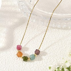 Cube Natural Multicolor Tourmaline Faceted Beaded Pendant 304 Stainless Steel Boston Link Chain Necklaces, Golden, Cube, 15.94 inch(40.5cm), Cube: 5.5x5.5x5mm