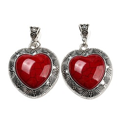 Dark Red Synthetic Turquoise Dyed Pendants, Heart Charms with Antique Silver Plated Alloy Findings, Dark Red, 54mm, Pendant: 39.5x35x10mm, Hole: 7.5x5.5mm