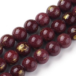 Кокосово-Коричневый Природный нефрит машан бусины нитки, золотой фольгой, окрашенные, круглая с золотым мерцанием, кокосового коричневый, 10 мм, отверстие : 1.4 мм, около 39 шт / нитка, 15.55 дюйм (39.5 см)