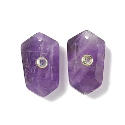 Аметист Граненые подвески из натурального аметиста, подвески в форме кристального кластера, с латунными микро проложить кубических выводы циркония, золотые, 24.5x14.5x7.5~8.5 мм, отверстие : 1.2 мм