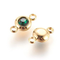 Emerald 304 Stainless Steel Rhinestone Links connectors, Flat Round, Golden, Emerald, 12x6.5x4mm, Hole: 2mm
