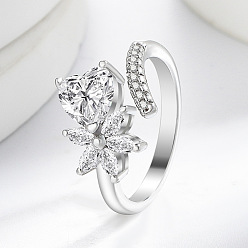 Platino Anillos abiertos de latón con micro pavé de circonita cúbica, corazón, Platino, 21 mm