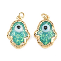 Plaqué 18K Or Véritable Pendentifs en laiton zircon cubique transparent, avec émail noir et résine cyan foncé, main de hamsa avec des charmes de mauvais œil, crémaillère plaquage, plaqué longue durée, sans plomb et sans cadmium, réel 18 k plaqué or, 22x15.5x6mm, Trou: 3mm