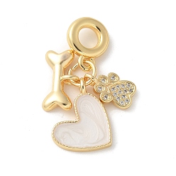 Настоящее золото 18K Латунные микропаве прозрачные кубические цирконии отпечаток лапы кость сердце европейские подвески, подвески с большими отверстиями и белой эмалью, без кадмия, без никеля и без свинца, реальный 18 k позолоченный, 32 мм, отверстие : 5 мм