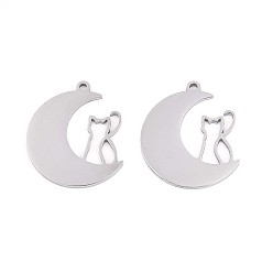 Нержавеющая Сталь Цвет 304 подвески из нержавеющей стали, луна с кошачьим шармом, анти-тускнение, цвет нержавеющей стали, 25x21.5x1.5 мм, отверстие : 1.6 мм