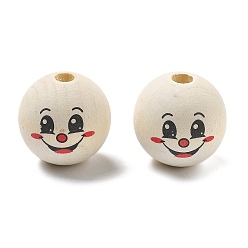 Папайя Оранжевый Печатные деревянные европейские бусины схима, круглый с рисунком улыбающегося лица, papayawhip, 28.5x27.5 мм, отверстие : 6.5 мм