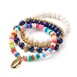 Ляпис-Лазурь Набор браслетов с подвеской из кубического циркония в форме ракушки для девочек-подростков, браслеты из натуральной лавы, полимерной глины и натурального лазурита (окрашенные) из бисера, золотые, внутренний диаметр: 2-5/8~3-1/8 дюйм (6.6~7.8 см), 4 шт / комплект