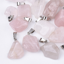 Rose Quartz Natural Rose Quartz Pendants, with Stainless Steel Snap On Bails, Nuggets, 15~35x10~20x5~15mm, Hole: 3x7.5mm