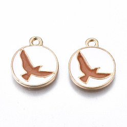 White Light Gold Plated Alloy Enamel Pendants, Cadmium Free & Lead Free, Flat Round with Bird, White, 16x13.5x1.5mm, Hole: 1.8mm