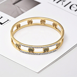 Золотой 304 Браслеты из нержавеющей стали с кристаллами и стразами для женщин, древо жизни, золотые, внутренний диаметр: 2-1/2 дюйм (6.5 см)