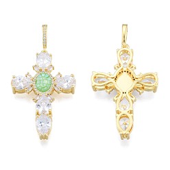 Светло-зеленый Латунные микропаве прозрачные подвески с фианитом, с морским ушком, без никеля , реальный 18 k позолоченный, крестик, светло-зеленый, 45.5x30x6.5 мм, отверстие : 4x7 мм