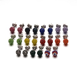 Mixed Color Polymer Clay Rhinestone Ball Stud Earrings, with Stainless Steel Stud Earring Findings, Stainless Steel Color, Mixed Color, 8mm, Pin: 0.8mm