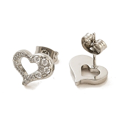 Нержавеющая Сталь Цвет 304 Серьги-гвоздики из нержавеющей стали с прозрачным фианитом и микропаве, сердце, цвет нержавеющей стали, 9x11.5 мм