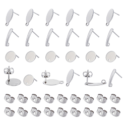 Stainless Steel Color 60Pcs 3 Style 304 Stainless Steel Stud Earring Findings, with Loop and Flat Plate, with 40Pcs Ear Nuts/Earring Backs, Flat Round & Teardrop & Oval, Stainless Steel Color, 10~15.5x3~10x0.8mm, Hole: 1~1.6mm, Pin: 0.8mm, 20pcs/style