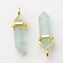 Fluorite Natural Green Fluorite Pointed Pendants, with Random Alloy Pendant Hexagon Bead Cap Bails, Golden, Bullet, 37~40x12.5x10mm, Hole: 3x4.5mm