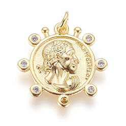 Золотой Латунные подвески, с кубического циркония, цветок с человеком, прозрачные, золотые, 21x20x2 мм, отверстие : 2.5 мм