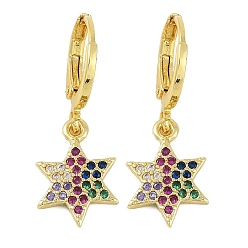 Звезда Женские серьги-кольца из латуни с микропаве и кубическим цирконием, реальный 18 k позолоченный, звезда, 26x10 мм