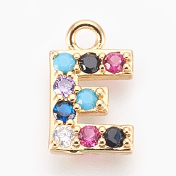 Letter E Латунные микро проложить кубического циркония прелести, буквы, золотые, letter.e, 13~14x7~10x2~2.5 мм, отверстие : 1.5~1.8 мм