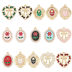 Mixed Shapes 30Pcs 15 Styles Alloy Enamel Pendants, with Plastic Beads/Rhinestone, Golden, Mixed Shapes, 22~23x16~21mm, 2pcs/style