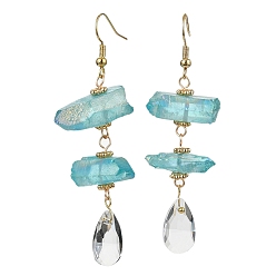 Light Blue Dyed Natural Quartz Crystal Nugget & Teardrop Dangel Earrings, Real 18K Gold Plated Brass Long Drop Earrings, Light Blue, 66~70x20~25mm