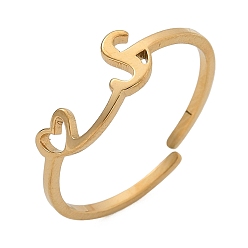 Letter S 304 из нержавеющей стали Манжета кольца для женщин, сердце с буквой a~z, реальный 18 k позолоченный, Письмо с, 5.5 мм, внутренний диаметр: регулируемый.