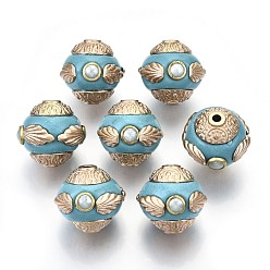 Темно-бирюзовый Индонезийские бусины ручной работы, с металлическая фурнитурой, круглые, золотой свет, темные бирюзовый, 15~16x13.5~15 мм, отверстие : 1.6 мм